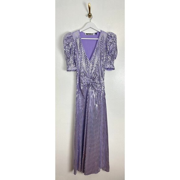 ROTATE Sierina Ruched Puff Sleeve Metallic Midi Dress in Purple Size US 0 - Picture 6 of 16